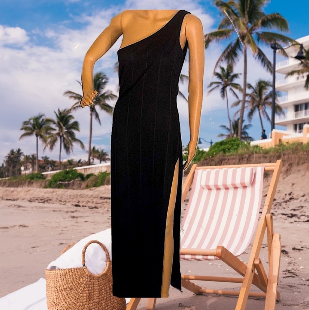 NWT Black One Shoulder Side Slit Dress
